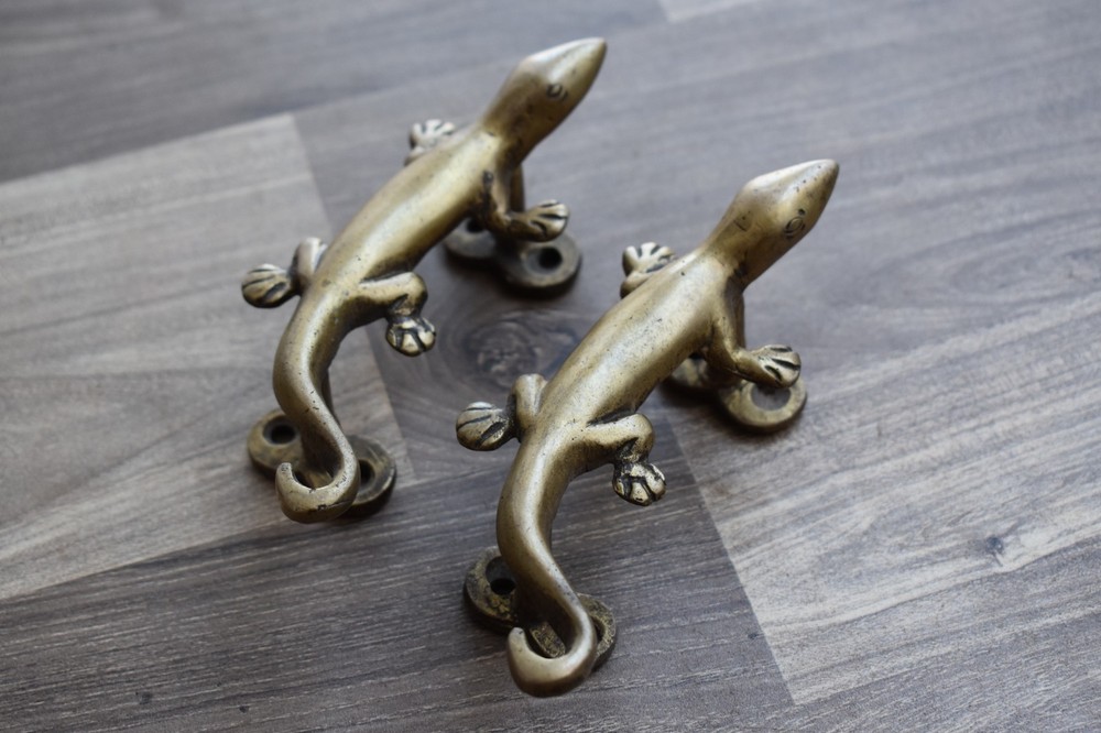 Vintage Brass Door Handle Lizard Heavy Gate Pull Drop Original Handle 2 Pcs
