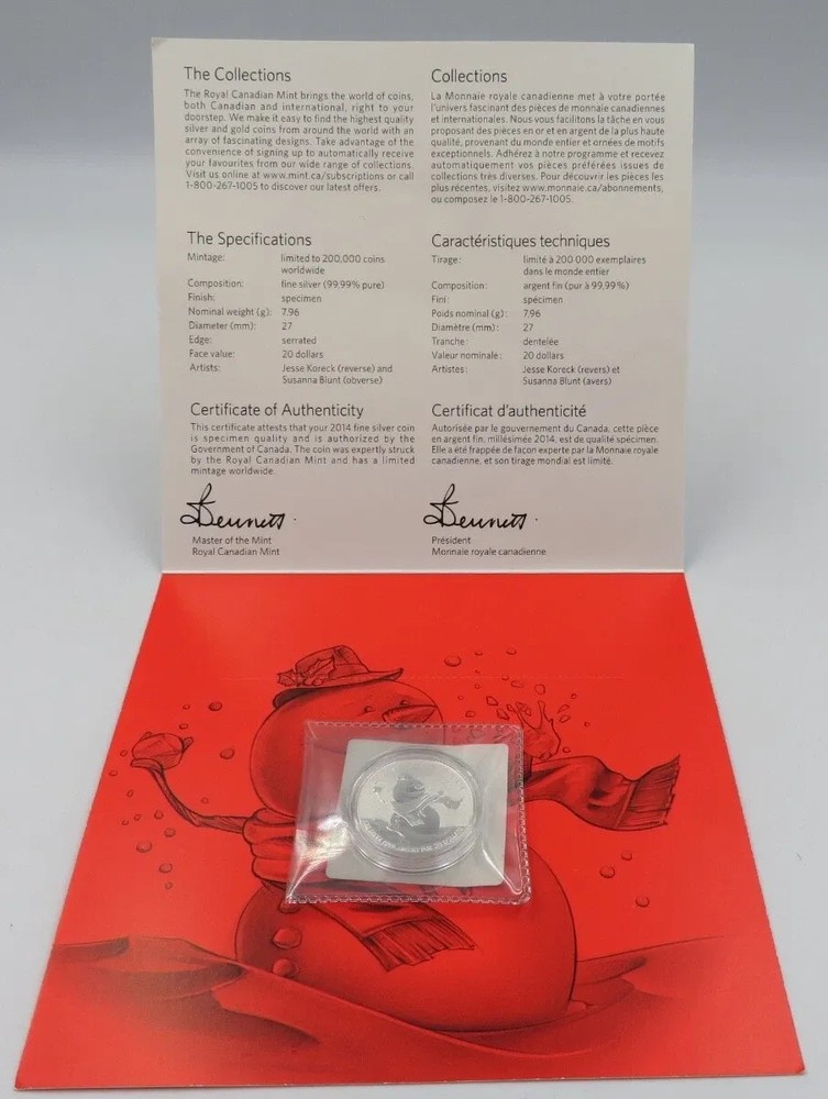 2014 CANADA $20 SNOWMAN SILVER COIN