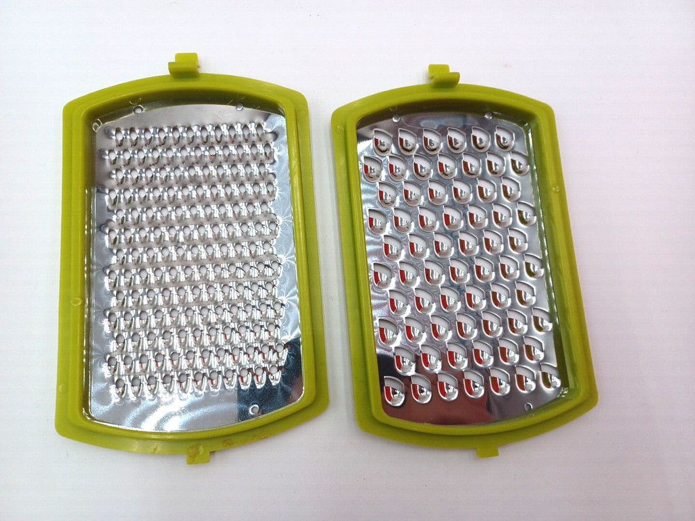 Green White Handheld Cheese Grater with 2 Interchangeable Blades Container