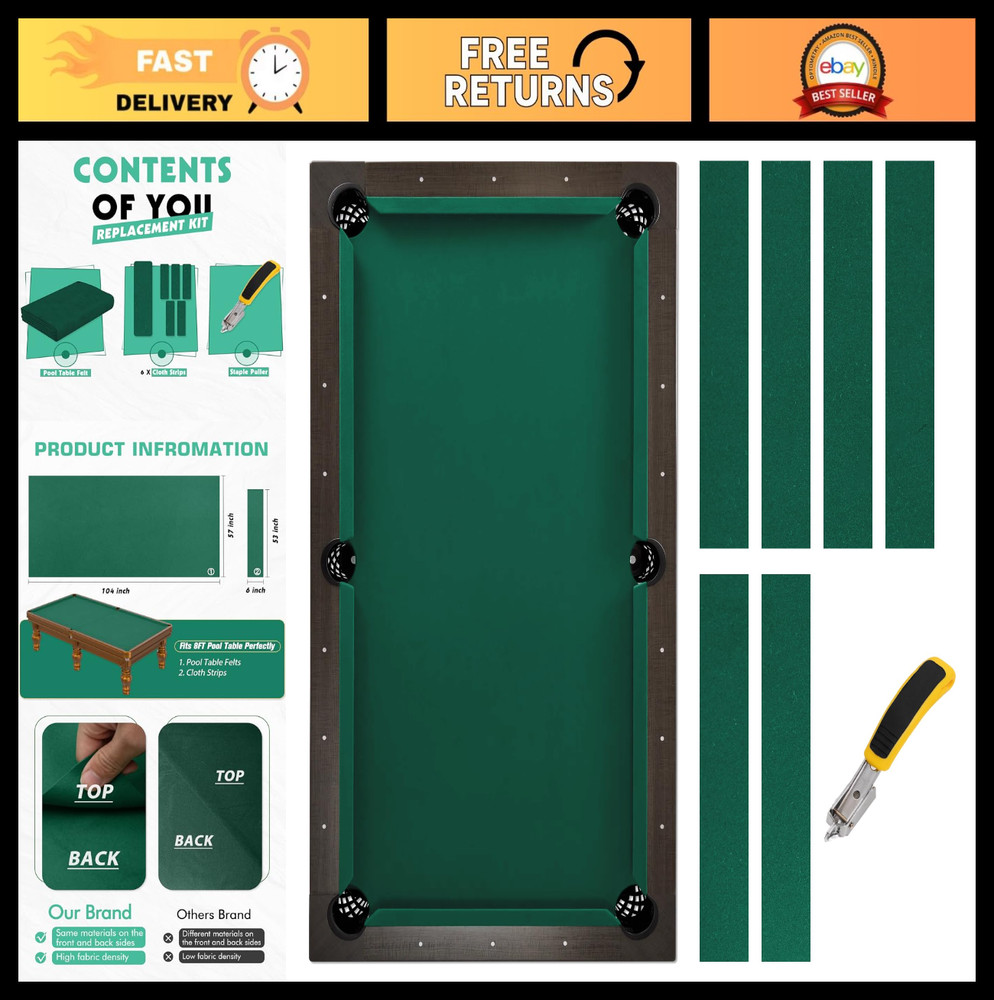 Billiard Pool Table Felt Cloth Replacement Kit with 6 Strips & Staple Remover