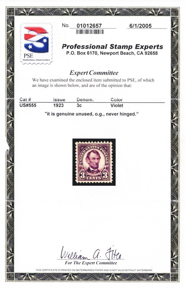 555, Mint XF NH 3¢- With PSE Certificate * Stuart Katz