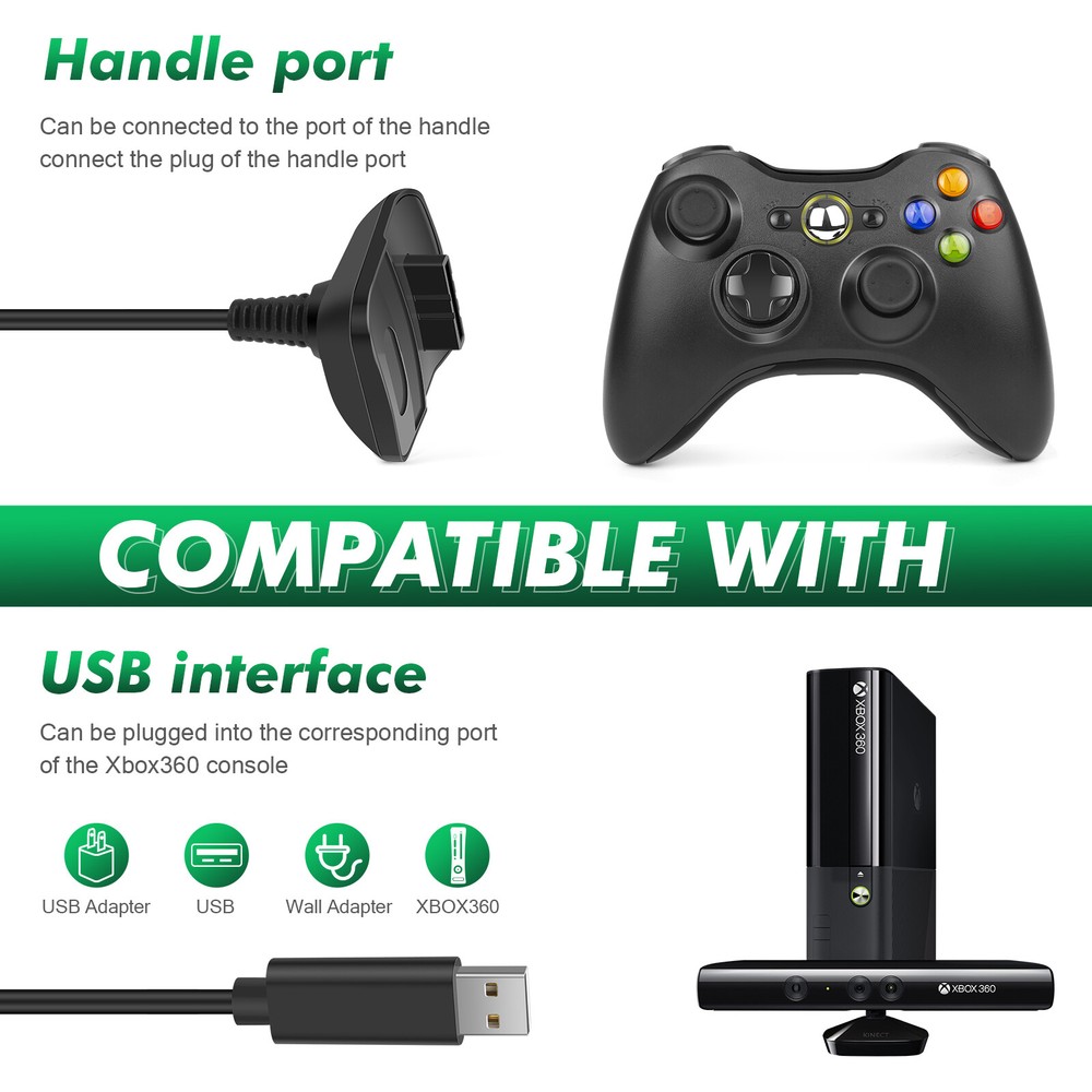 2x Rechargeable Battery Pack For Xbox 360 Wireless Controller USB Charger Cable