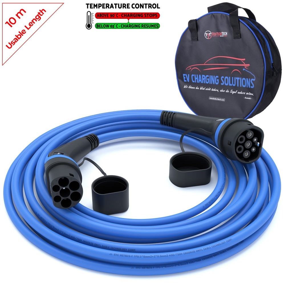 Charging Cable Type 2 | 7.4kW | 10m | Blue | Temperature Monitored | Safe Charging