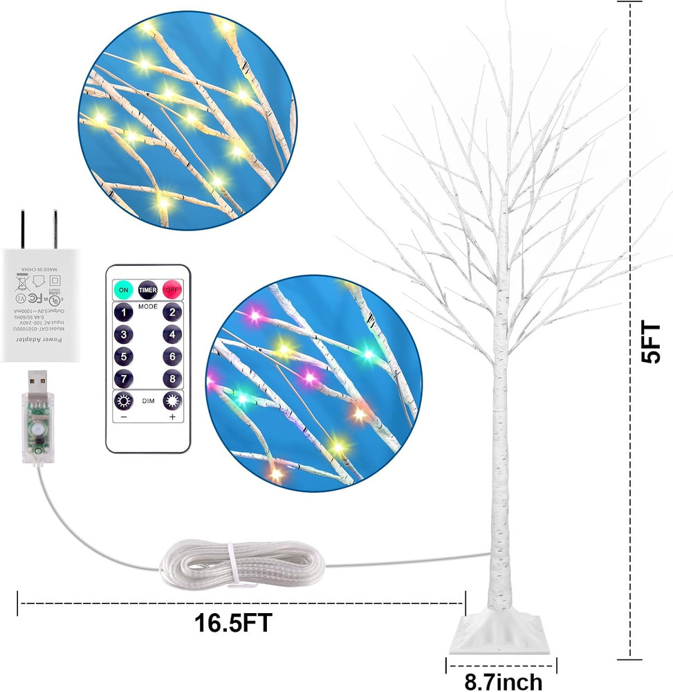5FT Lighted Birch Tree, Birch Tree with 90 LED Lights, 8 Flash Modes and Timer,