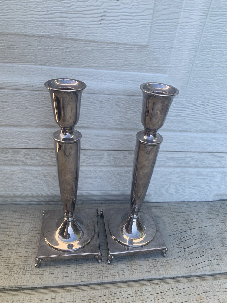 Crescent Silver Plated Candlesticks Pair 10.5”Art Deco Pew Footed Square Base