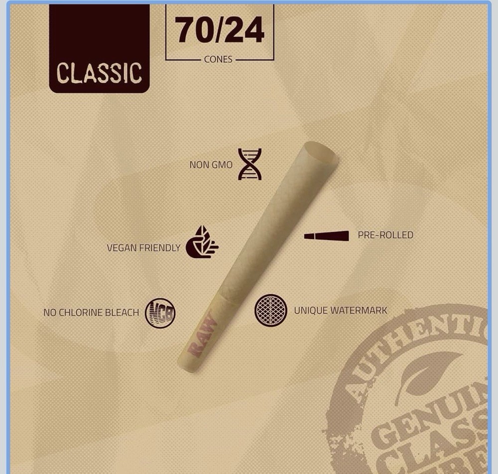Raw rolling paper single Size 70/24 Pre Rolled Cone + Lighter