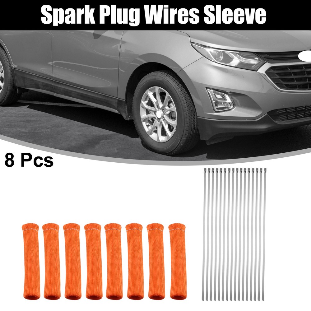 1 Set Car Engine Spark Plug Wire Boots Protector Sleeve w/ Cable Ties Orange