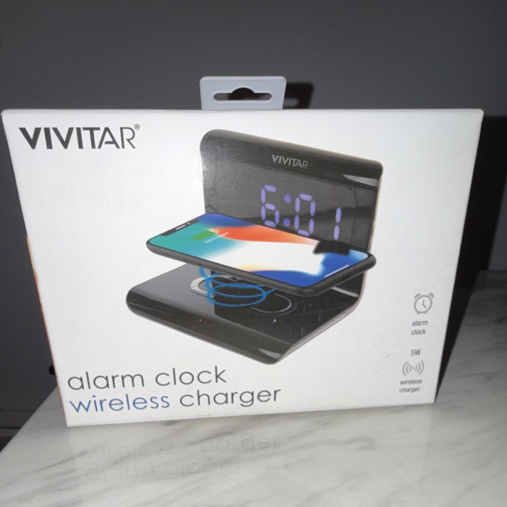 Vivitar Alarm Clock Wireless Charger Bright Digital Display Rectangular Black