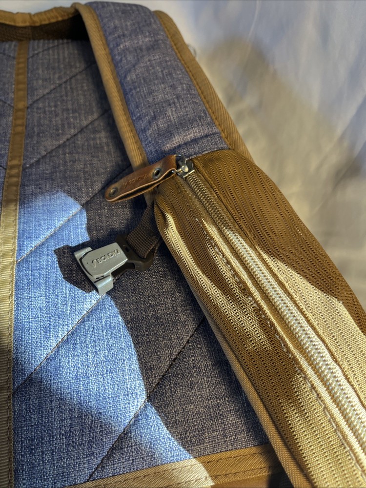 BONDKA Jigsaw Backpack, Unisex Blue Canvas, Brown Leather 7 Pockets Nice Backpac