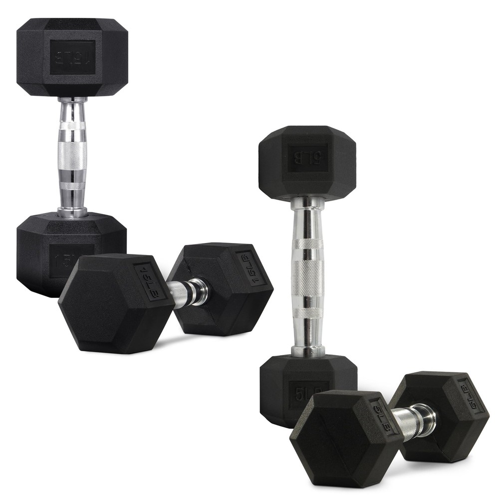 Hex Rubber Dumbbells 2-Pack Set (5-20 lb Combo) – Cast Iron Core