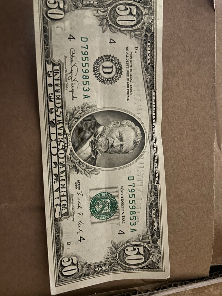 1990 $50 Bill Partial Ink Transfer Error Note wet ink Back to Front