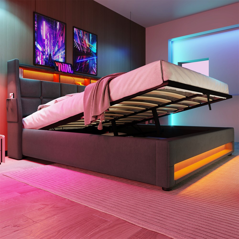 Queen Size LED Bed Frame Upholstered Platform Bed with Hydraulic Storage System