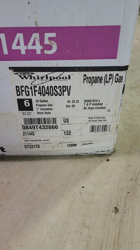 whirlpool 40 gallon propane water heater