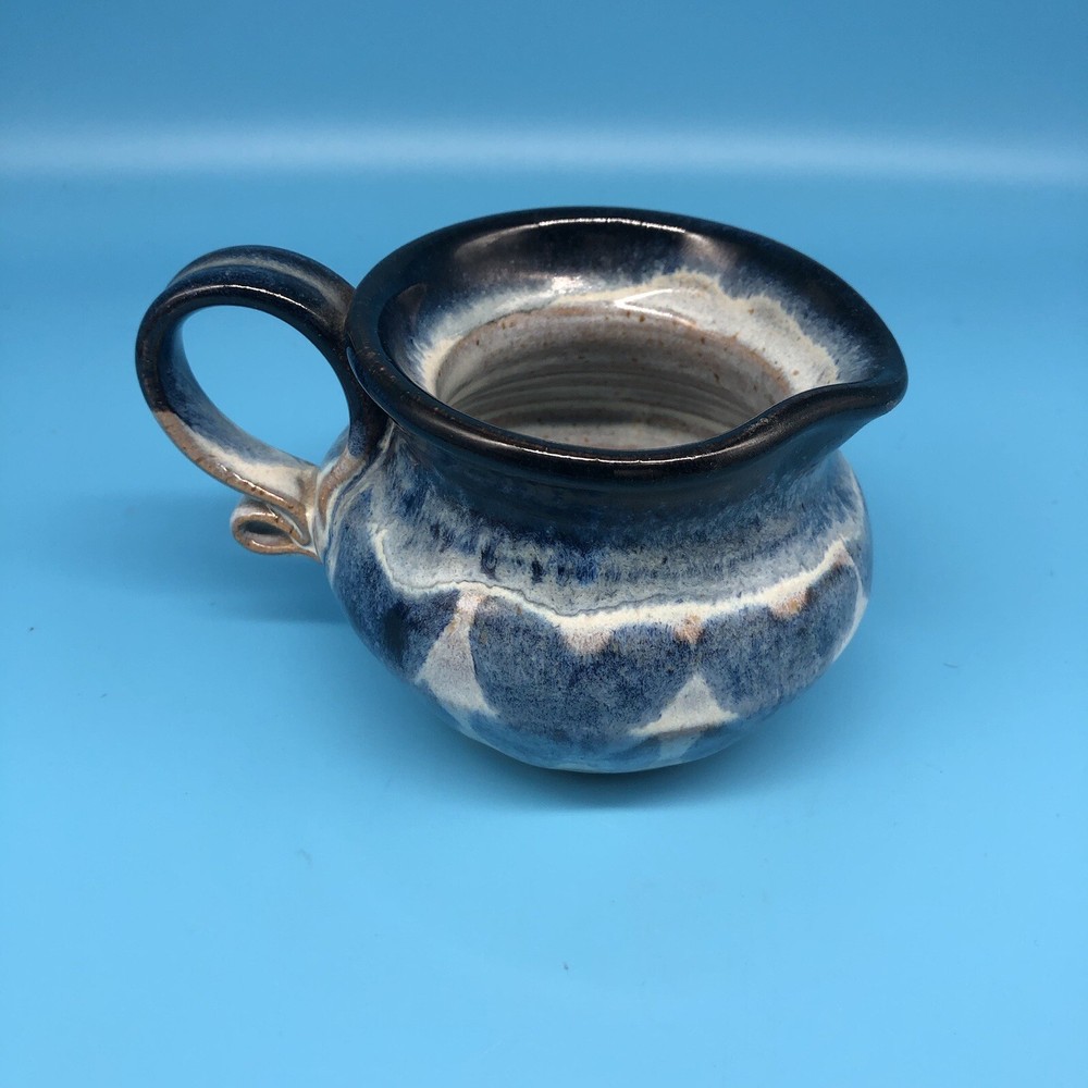 Studio Art Pottery Blue White Glaze Short Pitcher Butterfly Pattern
