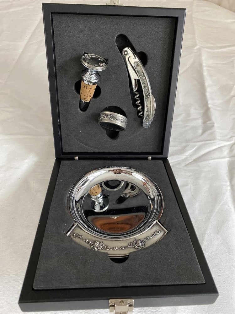 VTG 90s Grapevine Wine Accessory Set 4pc Corkscrew Stopper Drip Ring Coaster Box