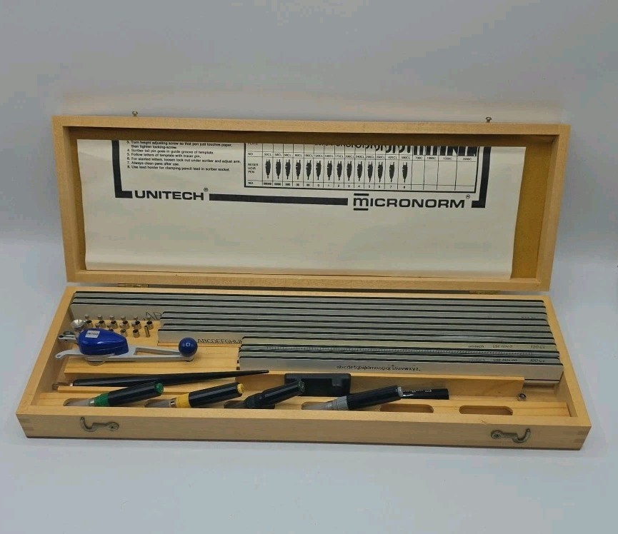 Vintage Unitech Drafting Set With Nice Wood Storage Case.