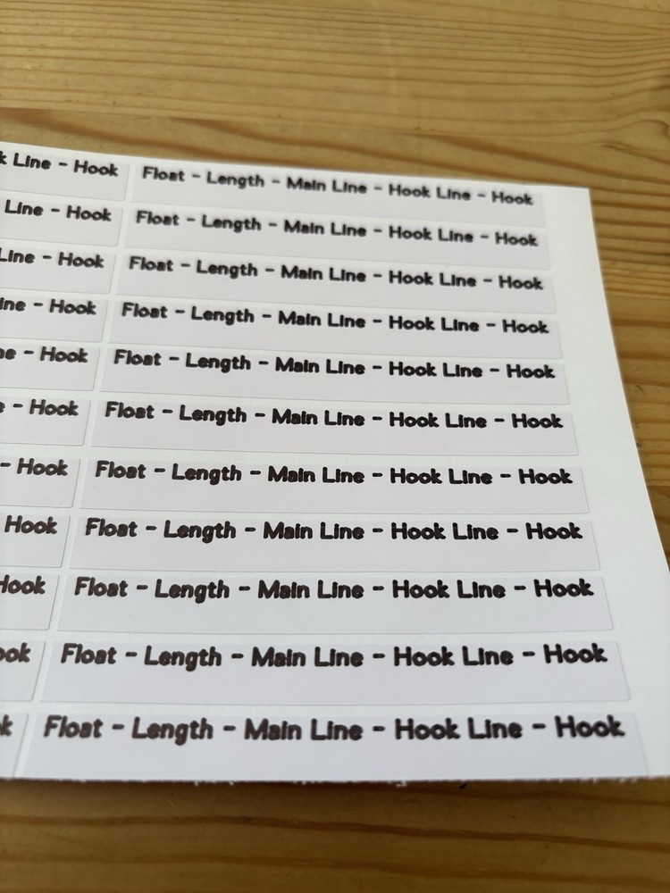48 PRINTED VINYL POLE LABELS - POLE FLOAT - POLE RIG - WINDER - WATERPROOF HOOK