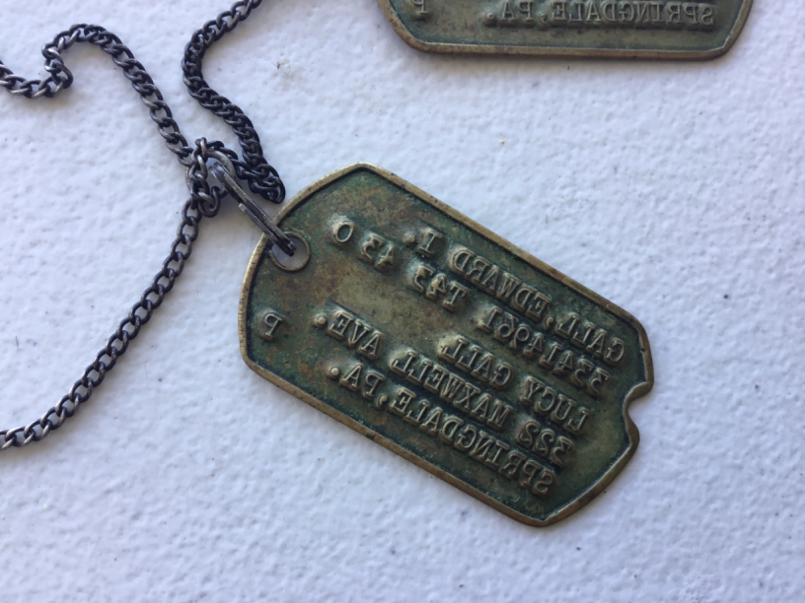 WWII Brass Notched Dog Tags On Sterling J-Hook Chain T-43 P