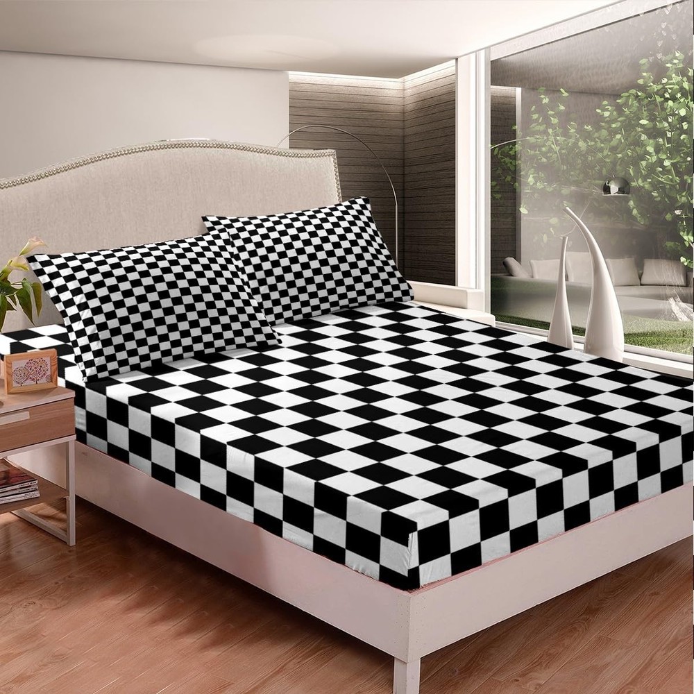 Geometric Checkerboard Patchwork Fitted Twin Size,Abstract Plaids Grids Chess...
