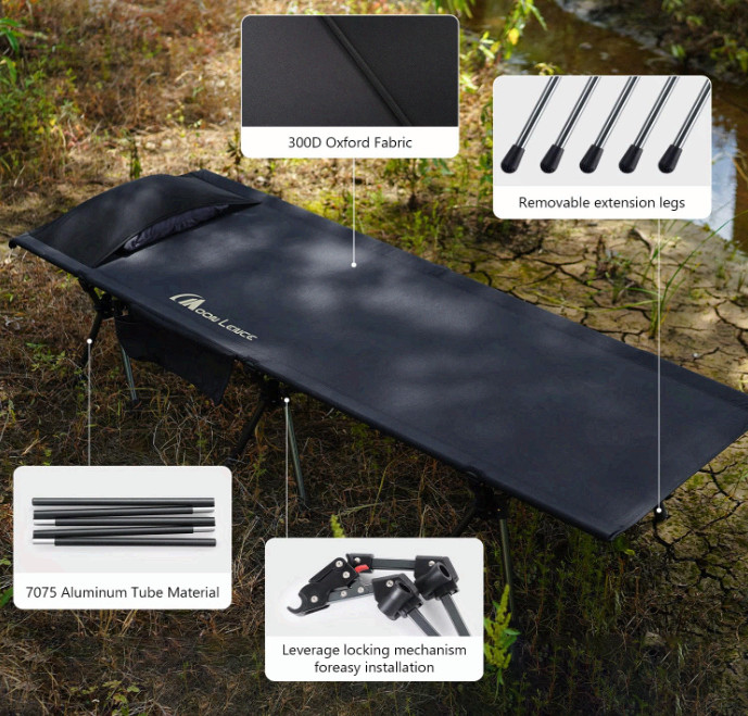 MOON LENCE Camping Cot Adjustable Height Folding Bed 330lb Black