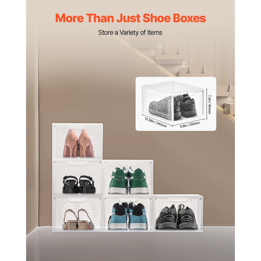 Shoe Storage Boxes 6 Pack Stackable Shoe Boxes US Size 13 Transparent White