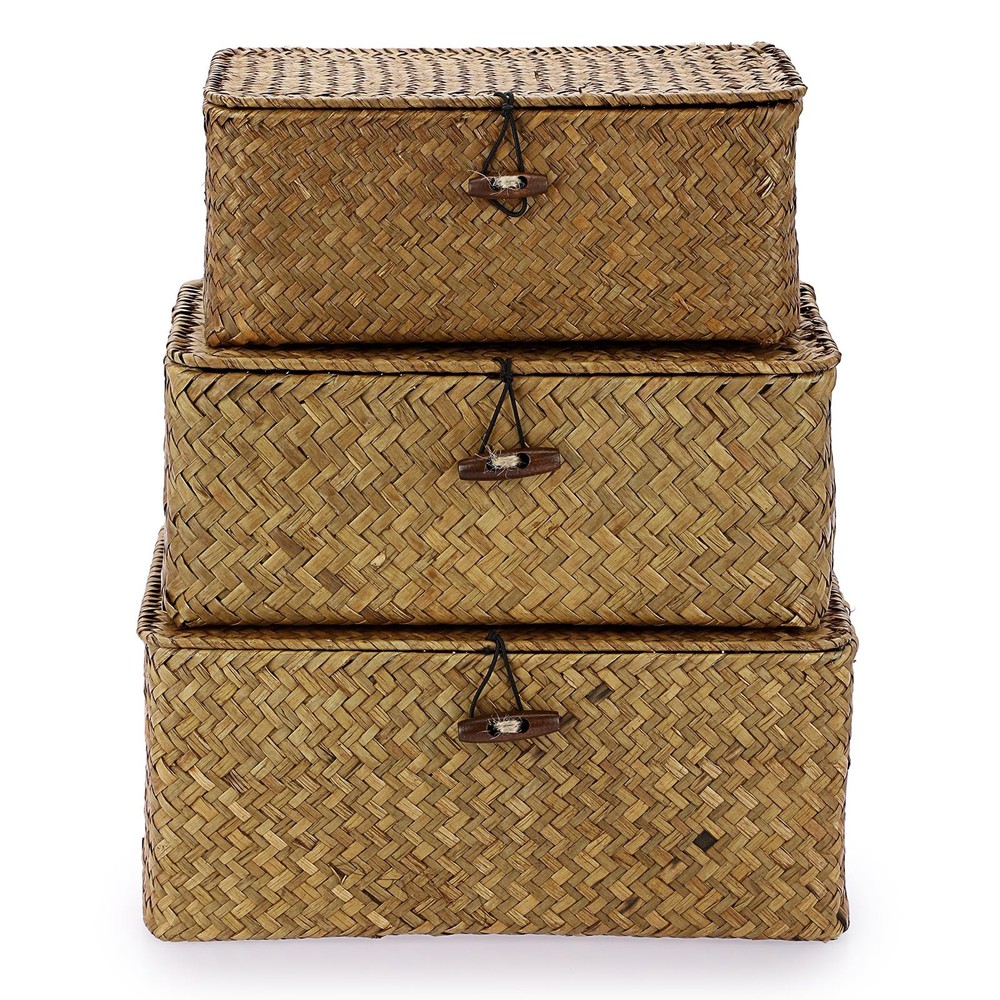 3 Set Caramel Rectangular Wicker Baskets, Lid, Seagrass, Decorative Bins