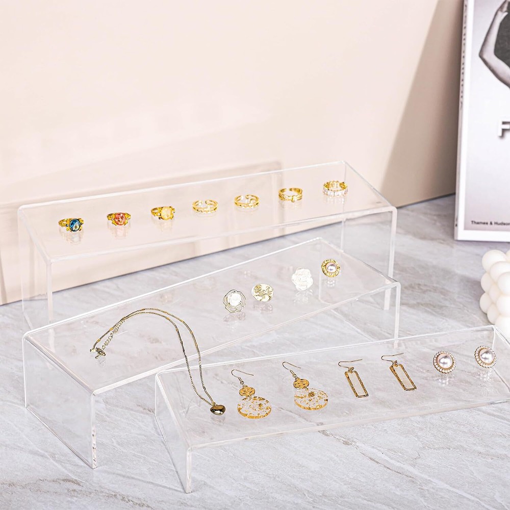 3-Pack Clear Acrylic Display Risers - Rectangular Tiered Stands Clear-Large