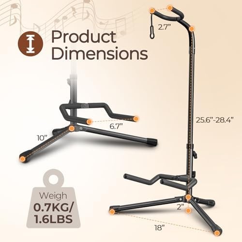 Adjustable folding guitar stand for various sizes.