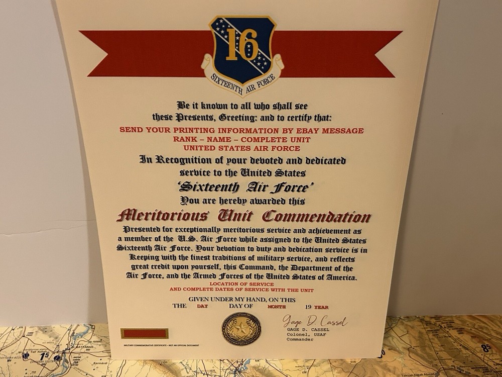 U.S. AIR FORCE / 16TH AIR FORCE - MERITORIOUS UNIT COMMENDATION CERTIFICATE