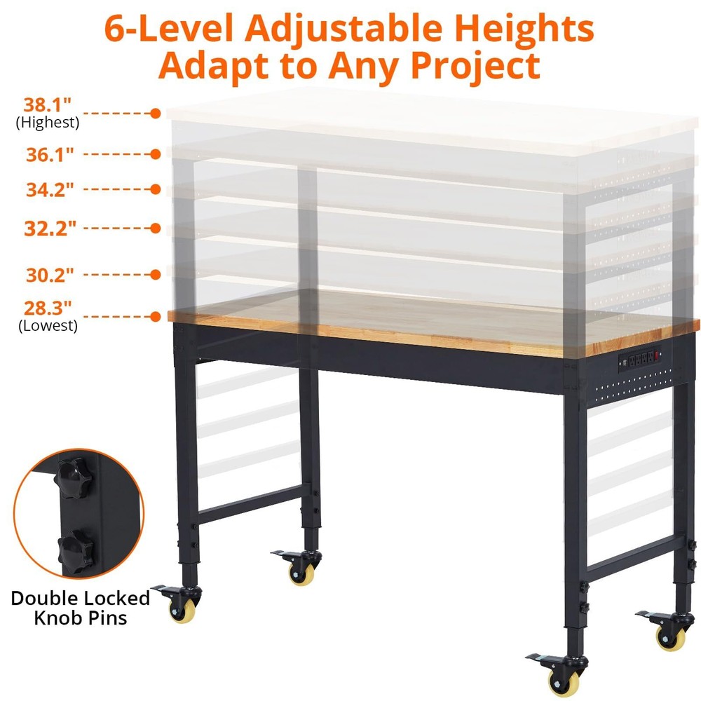 48" Adjustable Workbench ,Rubber Wood Work Table Garage w/Power Outlet & Wheels