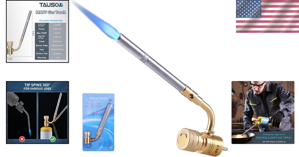 Durable Brass MAPP Gas Torch Head with Adjustable Flame Control & Rotatable Tip