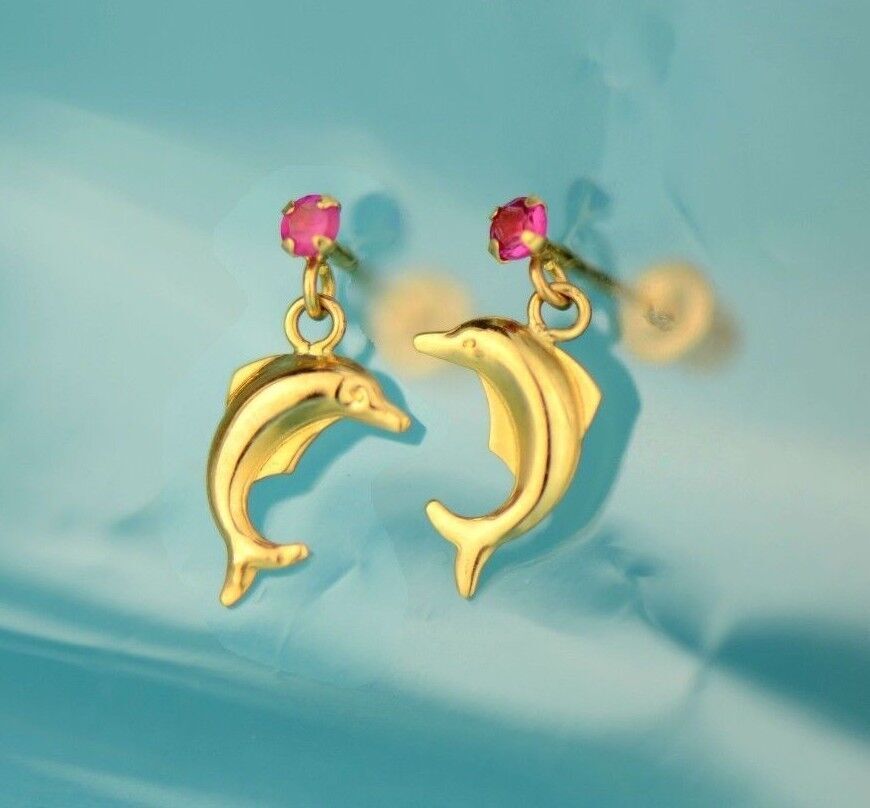 14k Yellow Gold CZ Dolphin Stud Earring