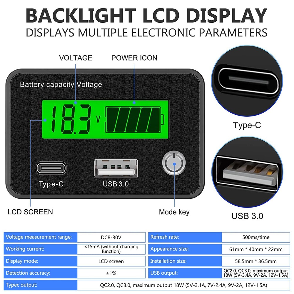 12V Voltage Battery Panel USB Digital Display Meter For Battery Car Motorcycle