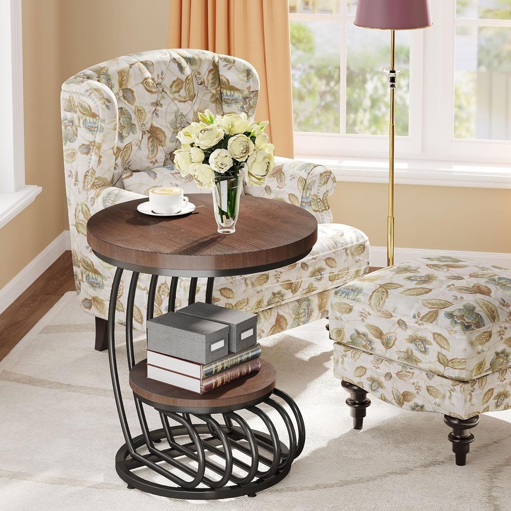Round End Side Table: Side Table with 2 Tiers Storage Shelves