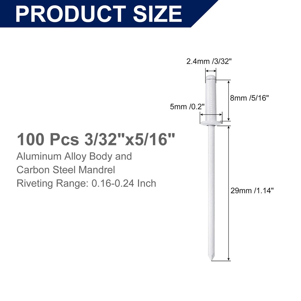 100Pcs 3/32"x5/16" Aluminum Blind Rivets, Dome Head Long Split Rivets, White