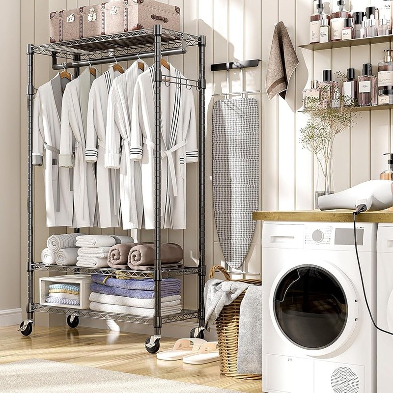 Heavy Duty Rolling Clothes Rack Adjustable Garment Organizer W/ Lockable Wheels