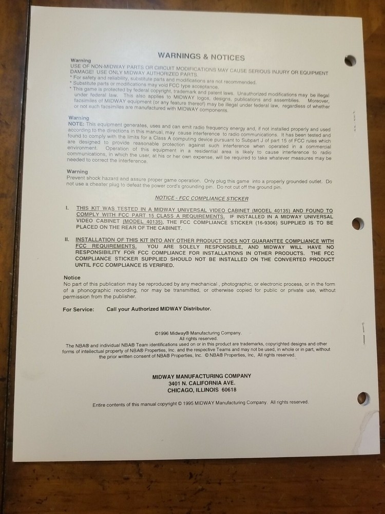 NBA JAM HANGTIME KIT arcade video game manual