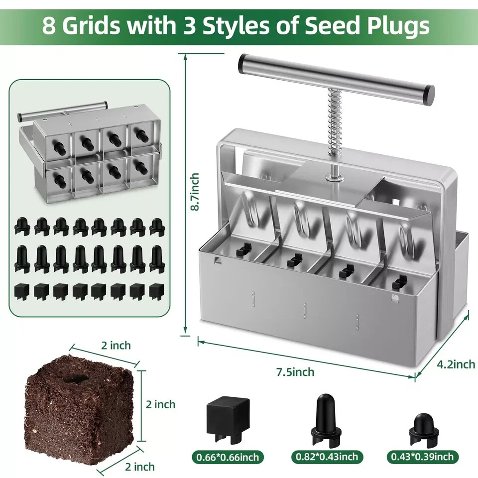 Soil Blocker 2"x8 Cell Soil Block Maker w/Handle & 3 Size Seed Pin Blocking Tool