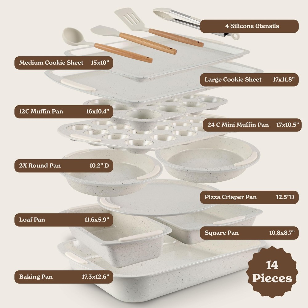 Country Kitchen Nonstick Stackable Bakeware Set - Durable, Easy 14 Pcs, Cream
