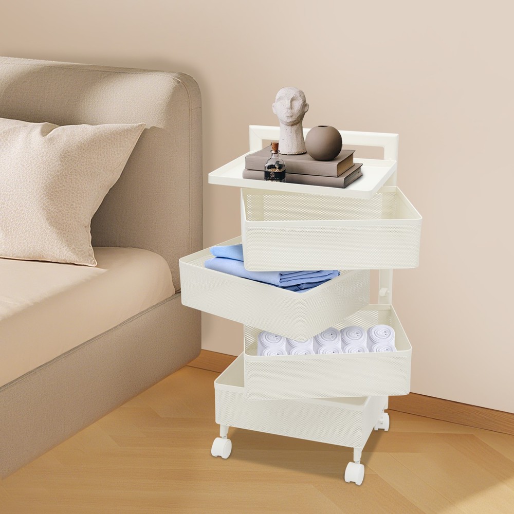 Rotating Storage Cart Kitchen Organizer with Wheels four storage baskets White