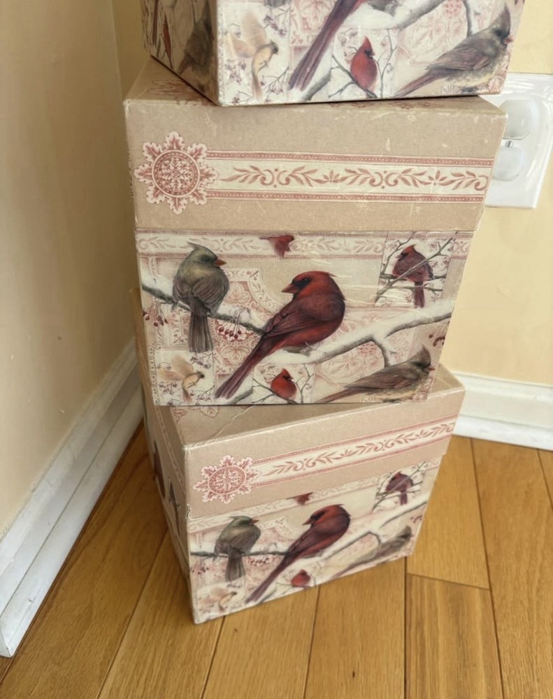 vintage stackable Bobs Boxes, Winters tapestry/Cardinal birds 3 Boxes