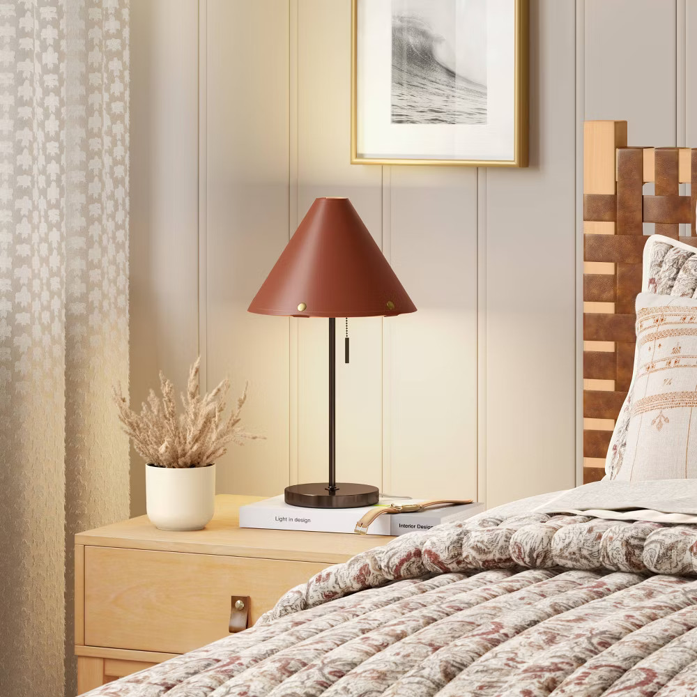 Table Lamp with Leather Shade Brown - Threshold: Metal Base, Cone Shape,