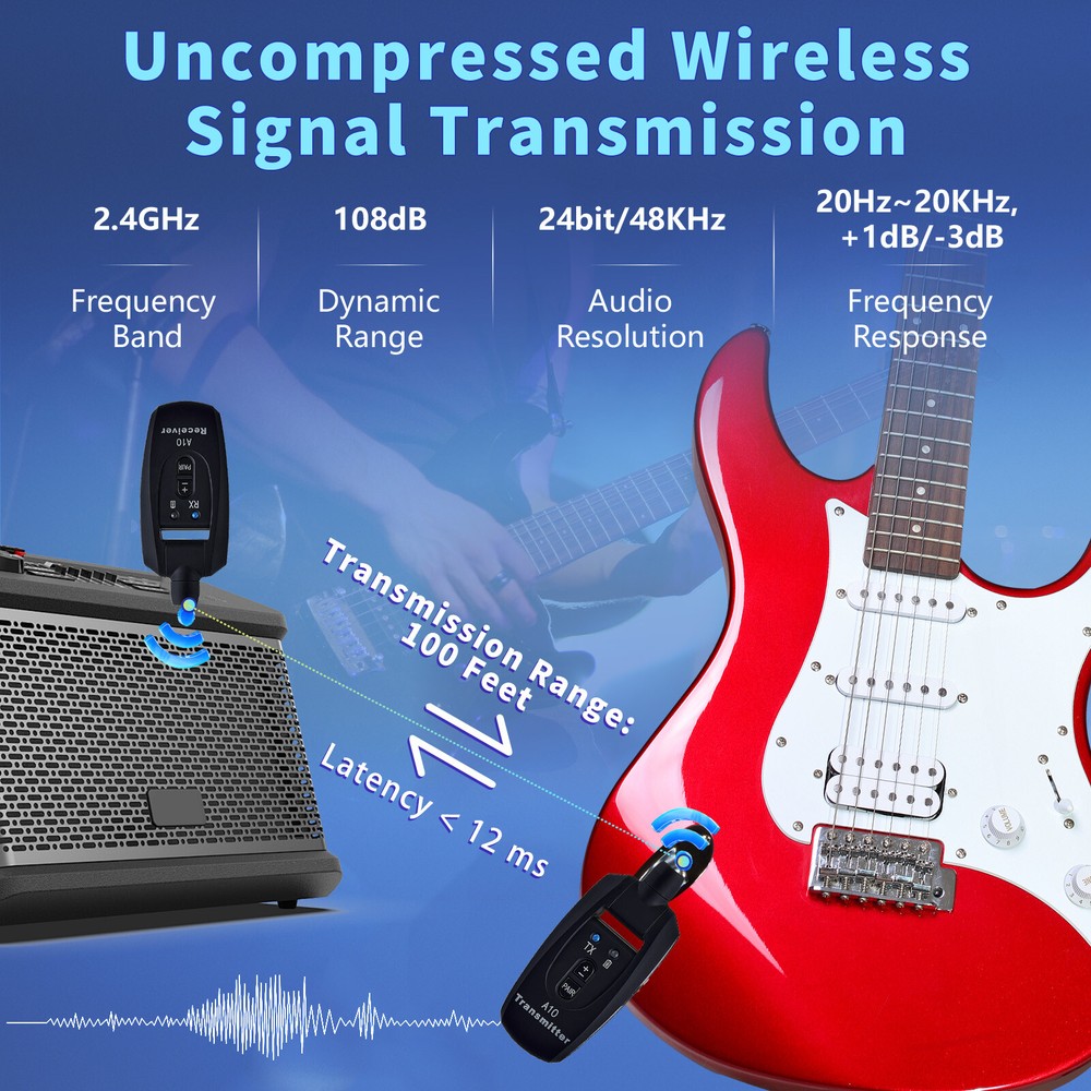 Wireless System Built-in Rechargeable Transmitter Receiver for Electric Guitar