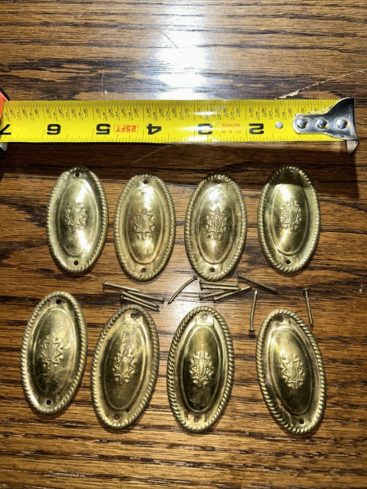 x8 - Vintage Rare Hepplewhite Embossed Drawer Pull Backplates Brass Gold Tone