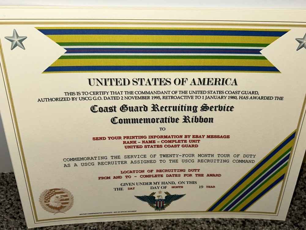 COAST GUARD RECRUITING SERVICE COMMEMORATIVE CERTIFICATE ~ W/PRINTING TYPE-1