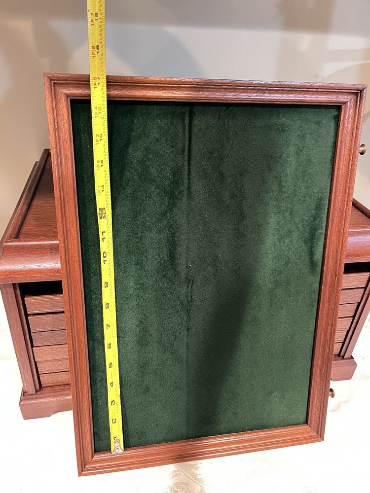 Mahogany Solid Wood Tabletop Chest 6 Drawers Velvet Green Lined Brass Knobs