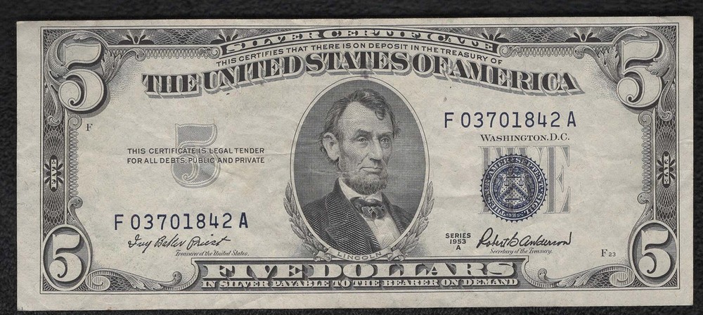 1953-A $5 Small Silver Certificate "XF"
