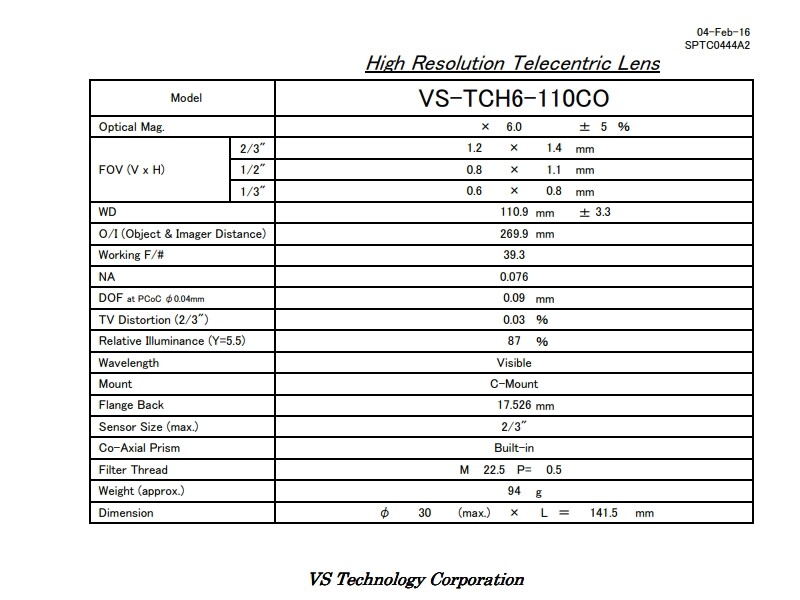 Pre-owned VST VS-TCH6-110CO High Resolution Telecentric Lens Excellent