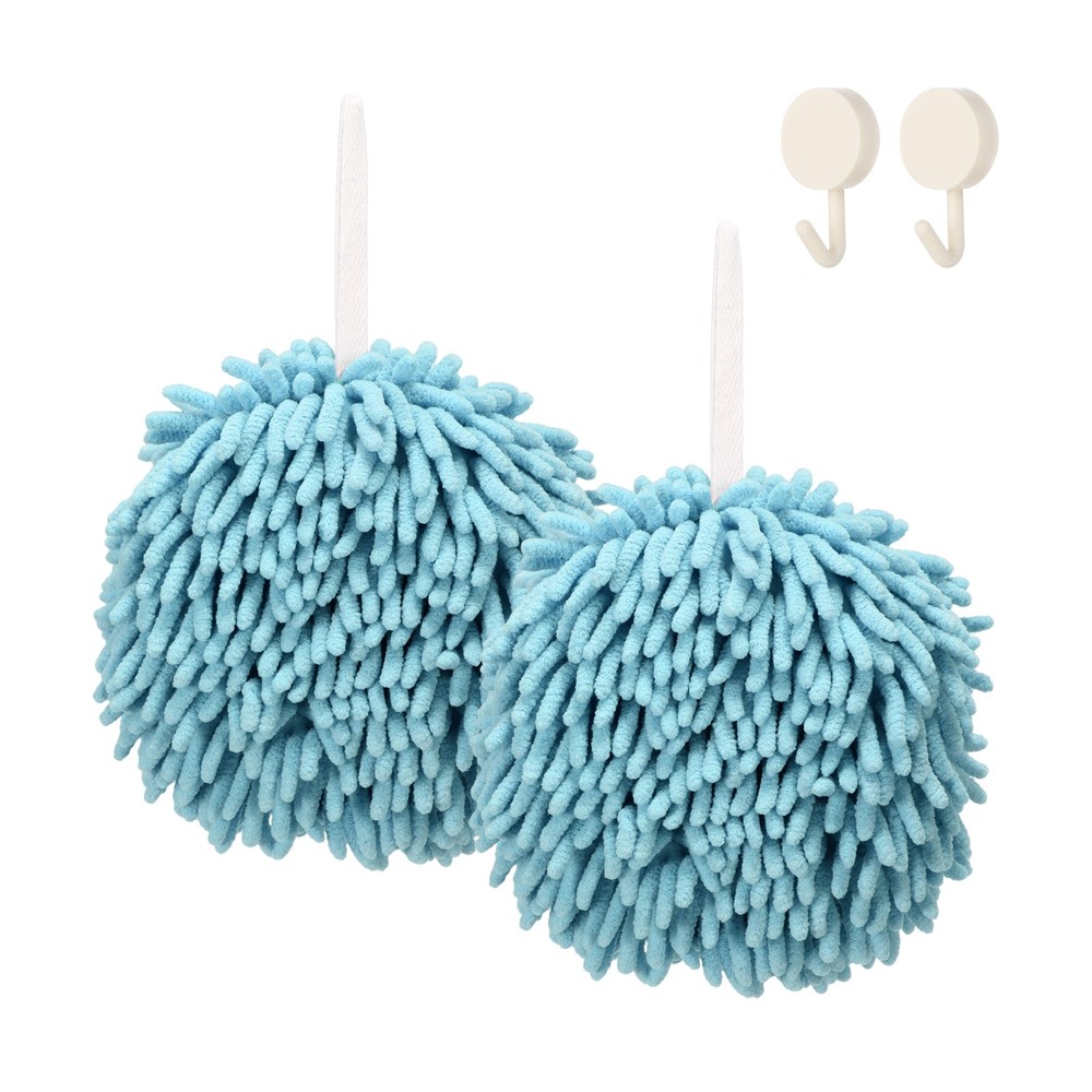 2 Pieces Hand Towels, Chenille with Ring, Blue