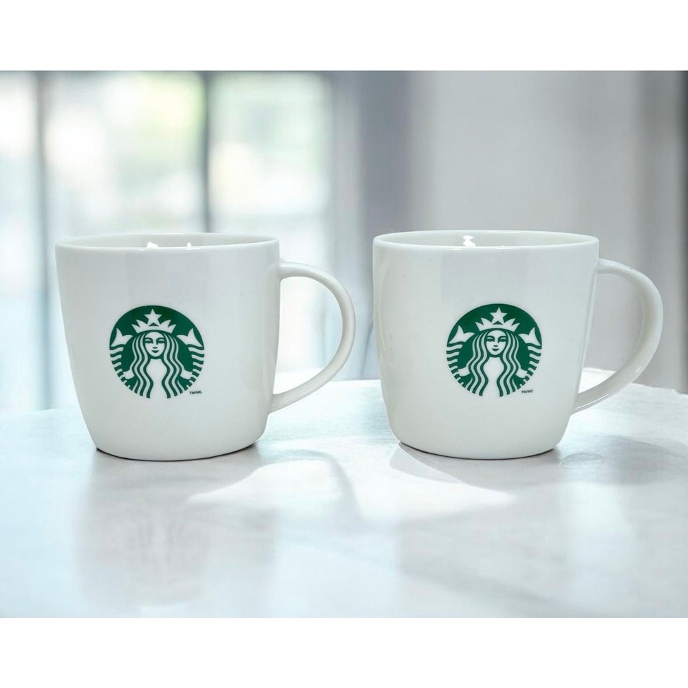 Starbucks 2013 Classic Basic White Ceramic Green Mermaid Coffee Mug Cup SET 12oz